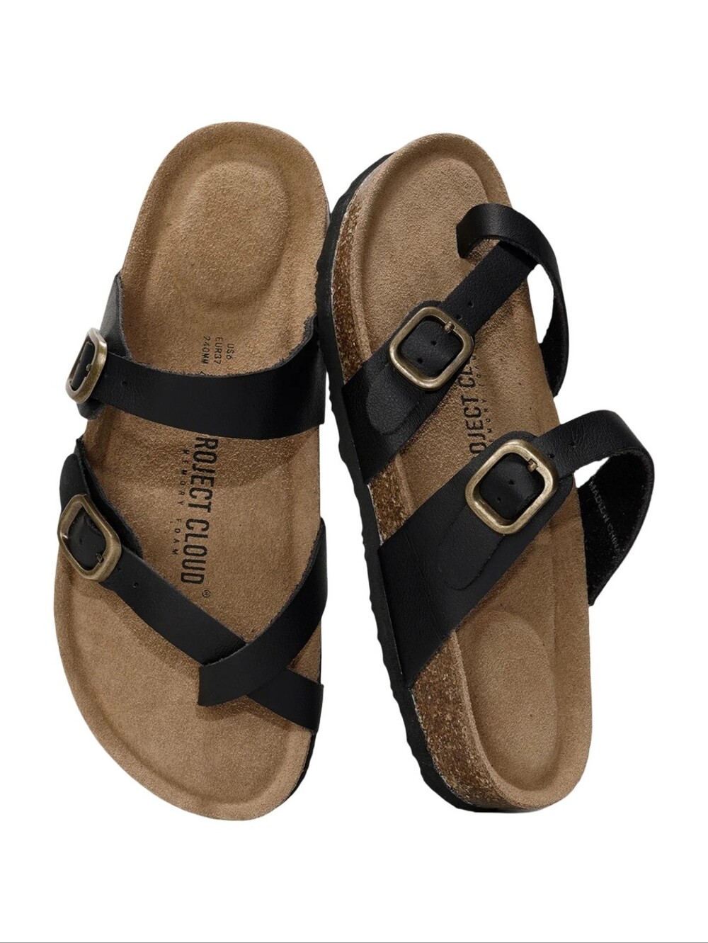 Size 11 Womens Project Cloud Leather Black Double Buckle Footbed Slides